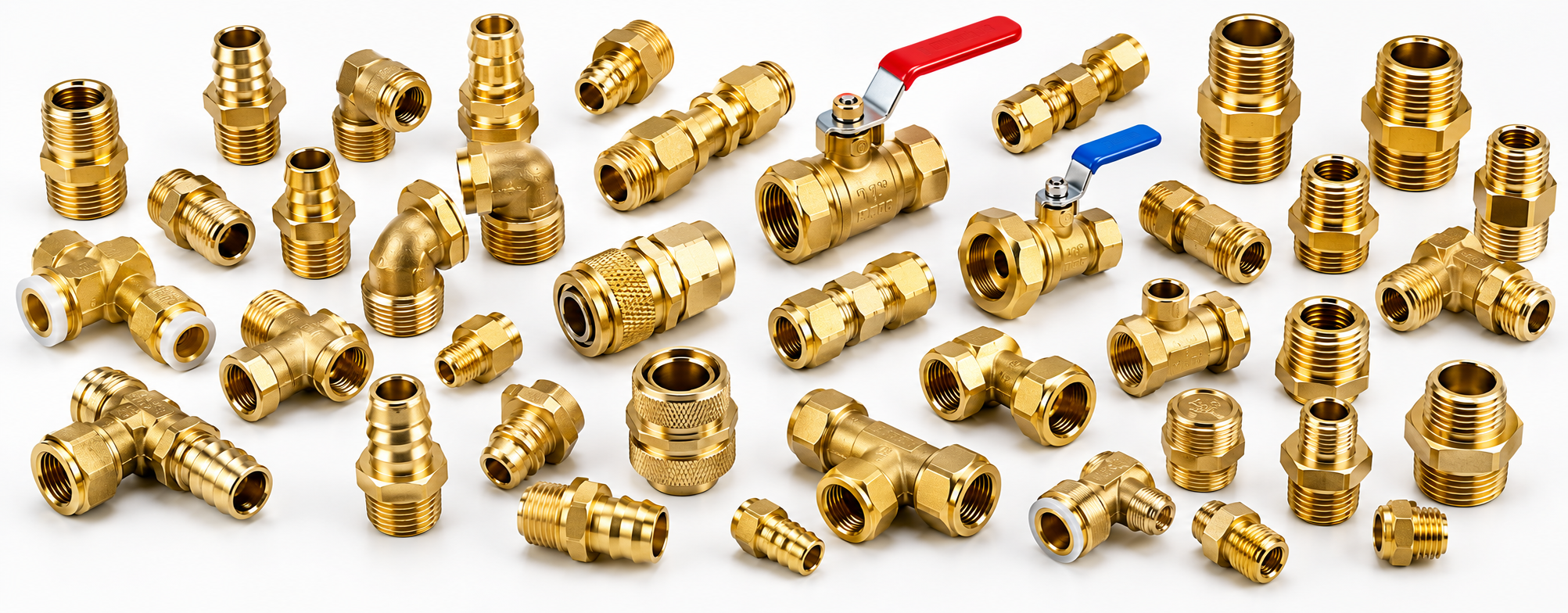 Precision brass fittings including RO connectors, compression fittings, valves, elbows, and adapters used in water purification systems.