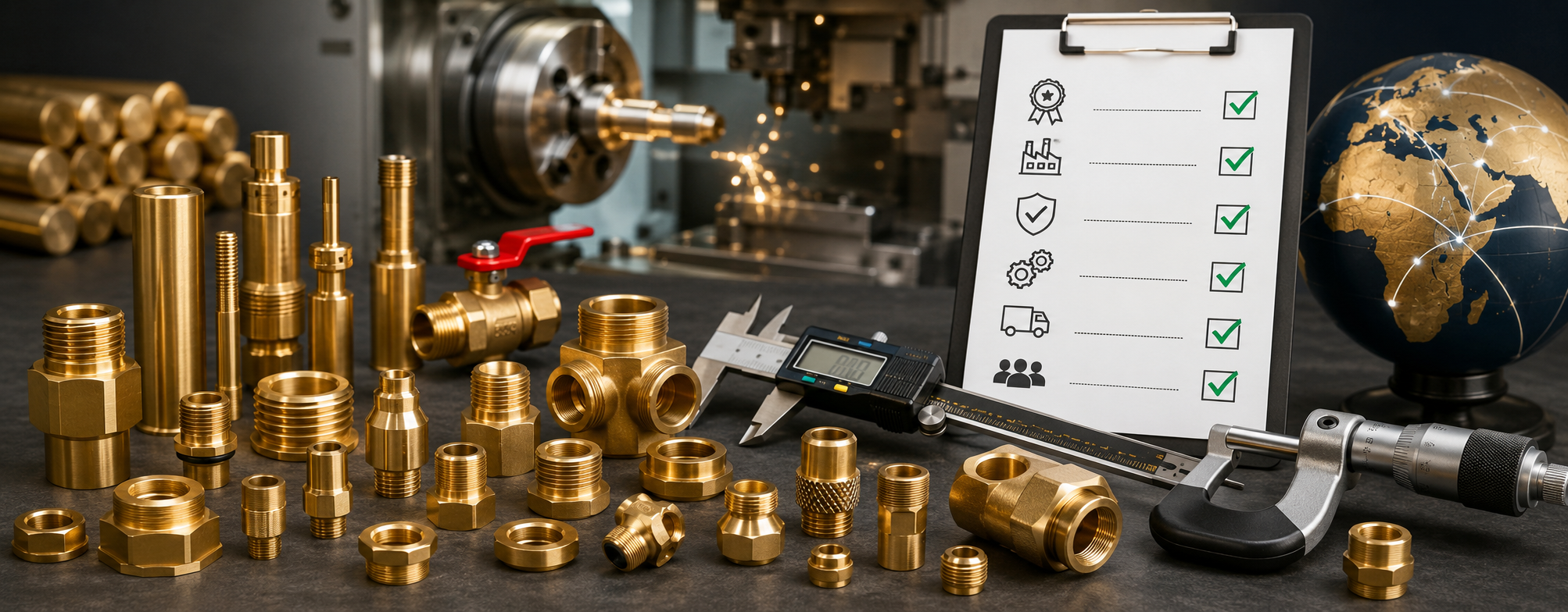 Reliable Brass Components Manufacturer showcasing precision CNC machined brass parts, quality inspection tools, and industrial brass fittings.